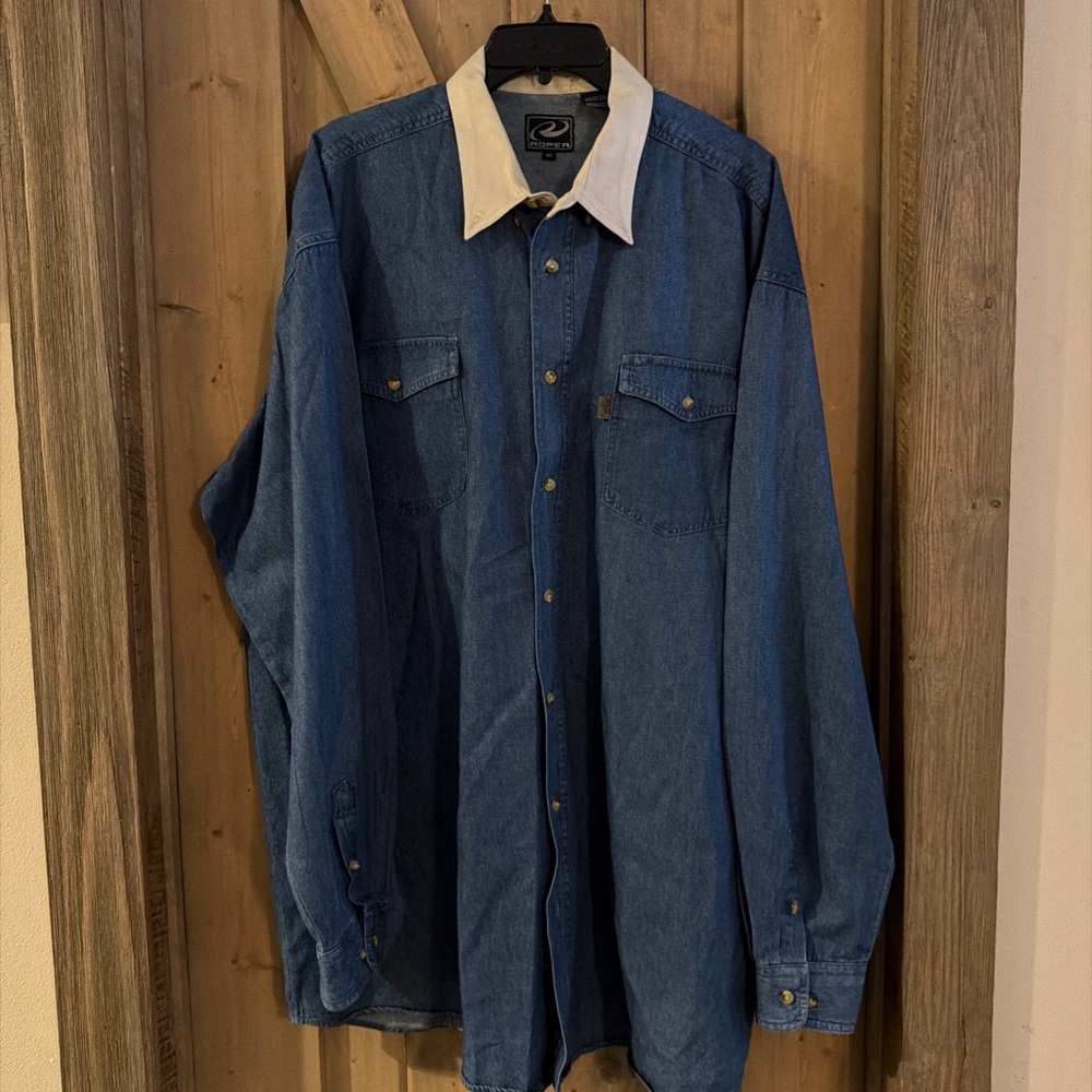 Roper Mens 2XT Denim
Western Button Down Shirt Tan
Collar Long Sleeve - Picture 2 of 7